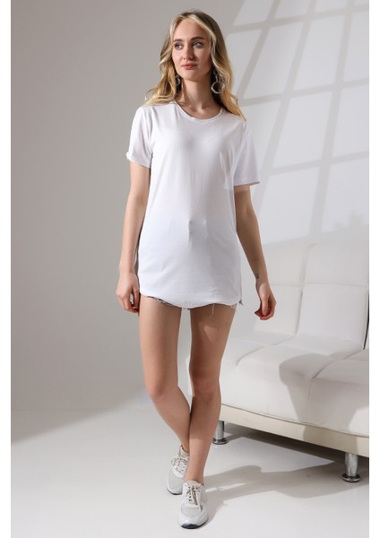 Eteği Oval Salaş Pamuklu Penye Kompakt T-Shirt 21733 Beyaz
