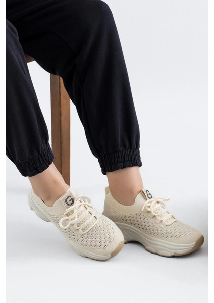 Kadın Sneaker Günlük 24Y309-3 Yüksek Taban Bej Taşlı Spor Ayakkabı modelleri