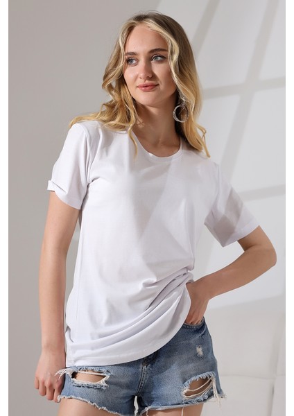 Eteği Oval Salaş Pamuklu Penye Kompakt T-Shirt 21733 Beyaz fiyatları