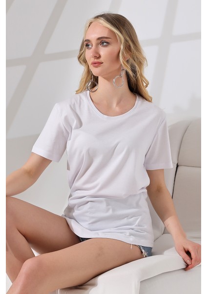Eteği Oval Salaş Pamuklu Penye Kompakt T-Shirt 21733 Beyaz modelleri