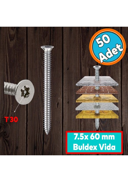Buldex Vida 7.5X60 mm 50 Adet Sivri Uçlu Dübelsiz Beton Vidası Tork Duvar Vidası Buldeks