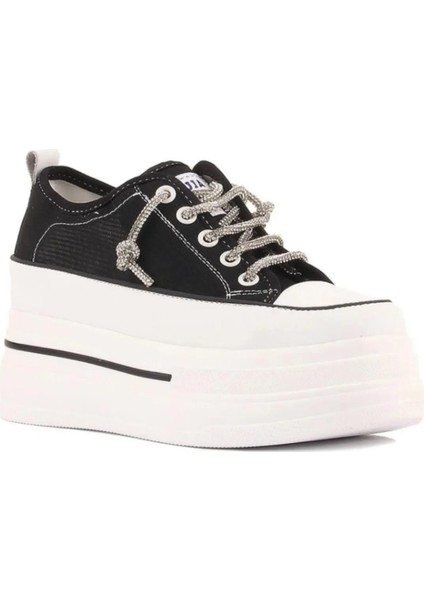 Kadın Günlük 24Y345-10 Yüksek Taban Siyah Taşlı Bağcık Sneaker Ayakkabı