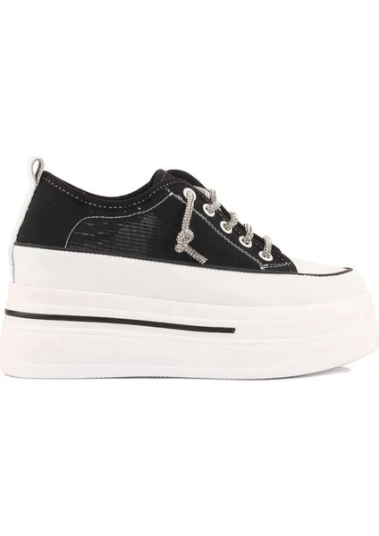 Kadın Günlük 24Y345-10 Yüksek Taban Siyah Taşlı Bağcık Sneaker Ayakkabı