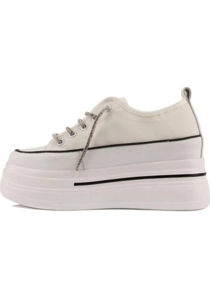 Kadın Günlük 24Y345-10 Yüksek Taban Beyaz Taşlı Bağcık Sneaker Ayakkabı