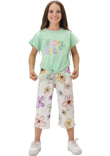 Happy Girl Bermuda Papatya Desenli kız takım - Yeşil fiyatları