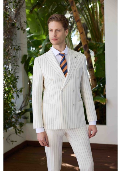 Erkek Beyaz Poliviskon Trend Kruvaze Slim Fit Sivri Yaka Takım Elbise