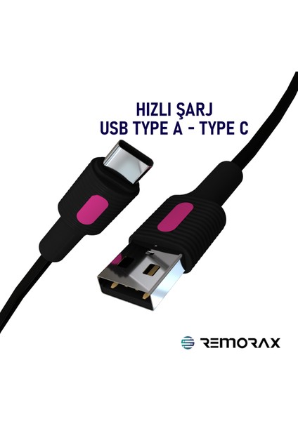 Coral Hızlı Şarj Usb Type A Type-C 120 Cm 3.0a Siyah Kablo Fuşya-Siyah Uçlar