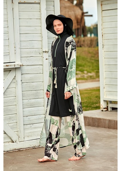 Desenli Haki Kimono Kaftan P2411