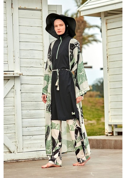 Desenli Haki Kimono Kaftan P2411 modelleri