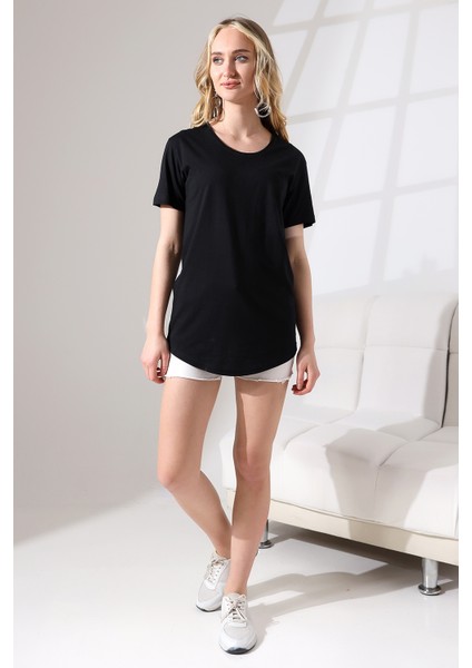 Eteği Oval Salaş Pamuklu Penye Kompakt T-Shirt 21733 Siyah