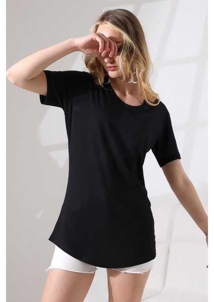 Eteği Oval Salaş Pamuklu Penye Kompakt T-Shirt 21733 Siyah fiyatları