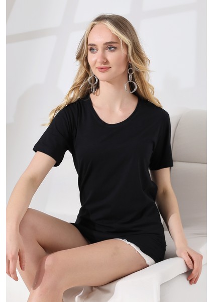 Eteği Oval Salaş Pamuklu Penye Kompakt T-Shirt 21733 Siyah modelleri