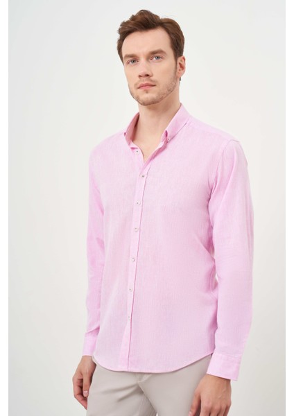 Erkek Pembe Keten Düz Desen Düğmeli Yaka Slim Fit Gömlek