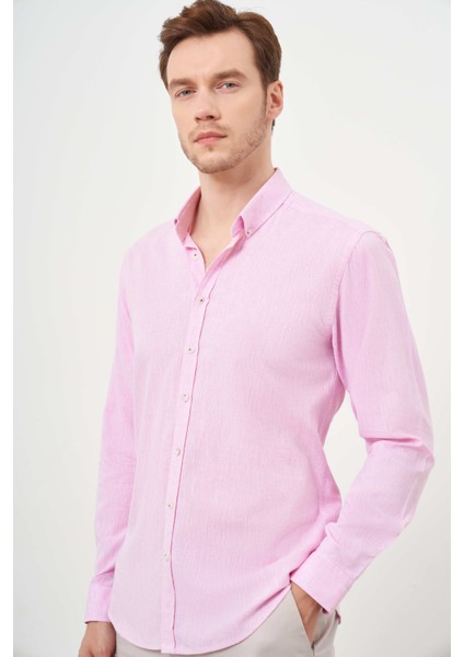 Erkek Pembe Keten Düz Desen Düğmeli Yaka Slim Fit Gömlek fiyatları