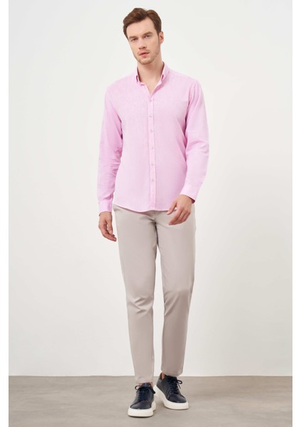 Erkek Pembe Keten Düz Desen Düğmeli Yaka Slim Fit Gömlek fırsatları