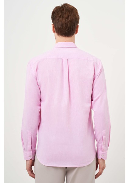Erkek Pembe Keten Düz Desen Düğmeli Yaka Slim Fit Gömlek indirimleri