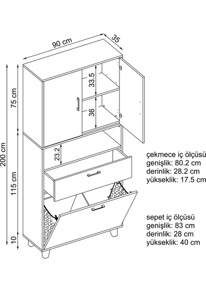 Çamaşır Sepetli Banyo Dolabı, Çok Amaçlı Çekmeceli Dolap 90 x 200 cm fiyatları