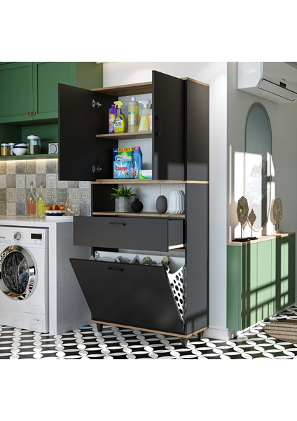 Çamaşır Sepetli Banyo Dolabı, Çok Amaçlı Çekmeceli Dolap 90 x 200 cm fırsatları