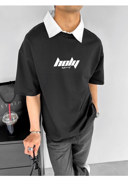 Oversize Polo Yaka Dokulu Esnek Rahat Baskılı T-Shirt Siyah