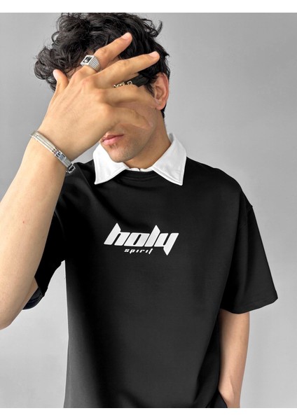 Oversize Polo Yaka Dokulu Esnek Rahat Baskılı T-Shirt Siyah fiyatları