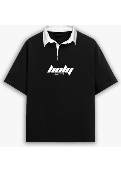 Oversize Polo Yaka Dokulu Esnek Rahat Baskılı T-Shirt Siyah modelleri