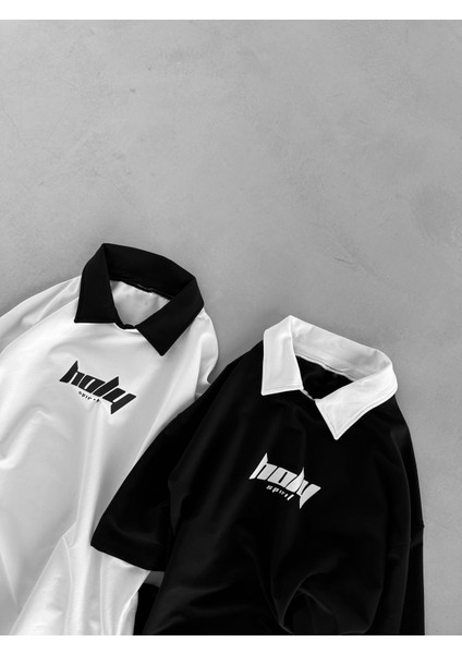Oversize Polo Yaka Dokulu Esnek Rahat Baskılı T-Shirt Siyah fırsatları