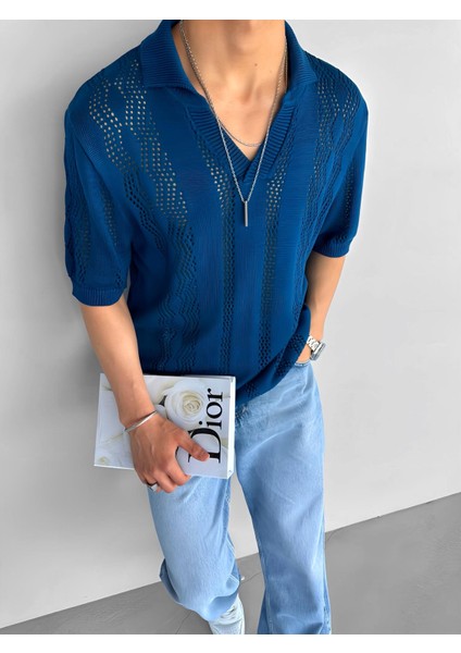 Oversize Yarım Pat Gömlek Yaka Desenli Örme T-Shirt Saks Mavi