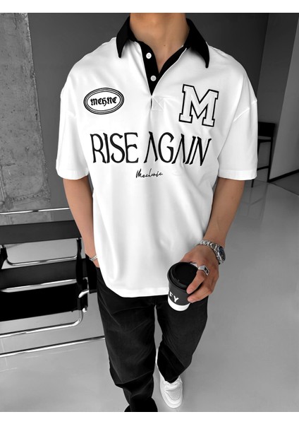 Oversize Fit Esnek 3 Düğmeli Polo Yaka Nakışlı T-Shirt Beyaz fiyatları