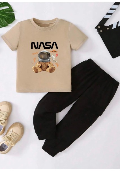 Özel Tasarım Astronot Ayıcık Baskılı Kısa Kollu Yazlık Erkek Çocuk Eşofman Takımı