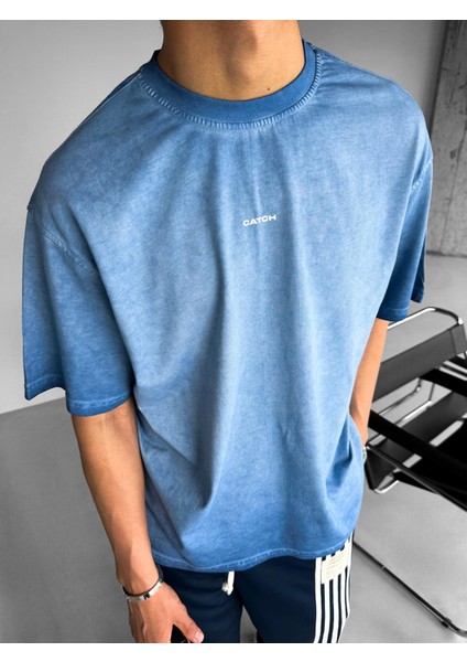 Oversize Yuvarlak Yaka Yıkamalı Catch T-Shirt Mavi