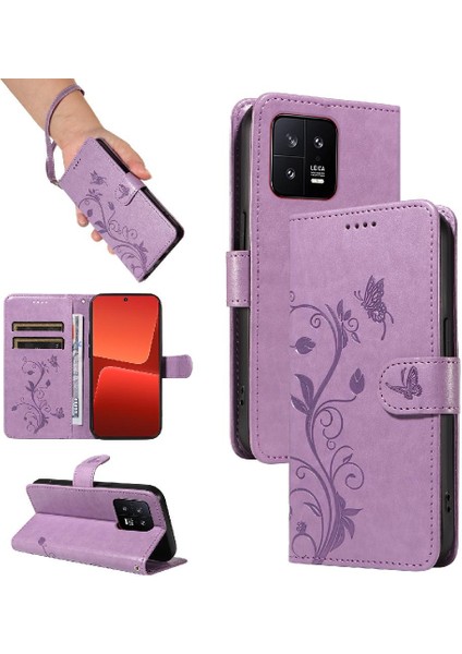 Xiaomi 13 Için Kılıf ve Kart Yuvası Cüzdan Telefon Kılıfı Kabartmalı Kelebek (Yurt Dışından)