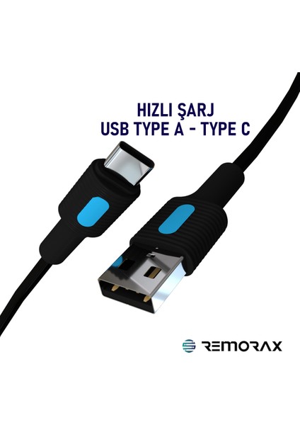 Coral Hızlı Şarj Usb Type A Type-C 120 Cm 3.0a Siyah Kablo Mavi-Siyah Uçlar