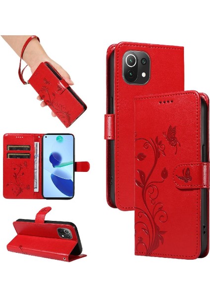 El Kayışı Kabartmalı Kelebek ve Kart Yuvası ile Xiaomi 11 Lite Için Kılıf (Yurt Dışından)