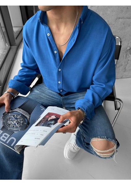 Oversize Basic Rahat Gömlek Mavi