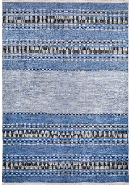 Mavi Salon&yolluk Dijital Baskılı Makinede Yıkanabilir Kaymaz Taban Saçaklı Halı HA230