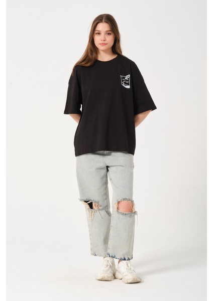 Siyah Bisiklet Yaka Baskılı Oversize T-Shirt