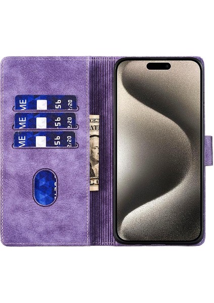 IPhone 15 Için Kılıf Pro Tutucu Kapak Kart Cep Flip Folio Kabartmalı Kedi (Yurt Dışından)