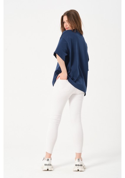 Lacivert Bisiklet Yaka Baskılı Oversize T-Shirt indirimleri