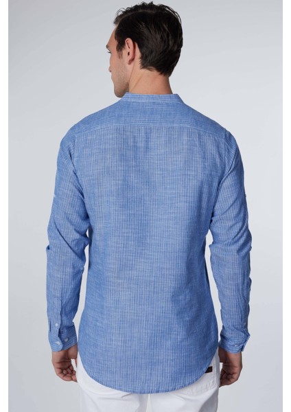 Slim Fit Uzun Kollu Dar Kalıp Çizgili Hakim Yaka Kol Katlamalı Keten Doku Yazlık Erkek Gömlek
