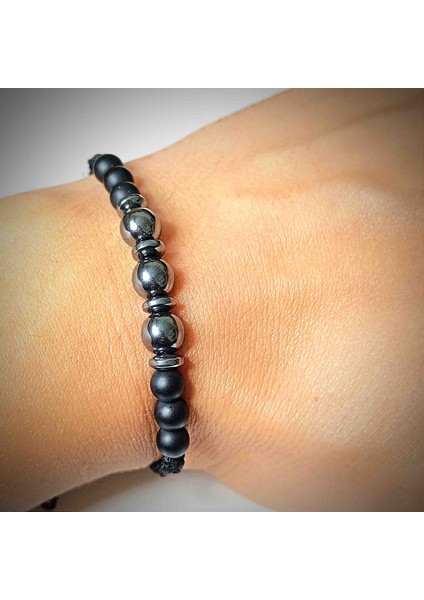 Hematit-Oniks Kombin Makrome Örgü Doğal Taş Bileklik indirimleri