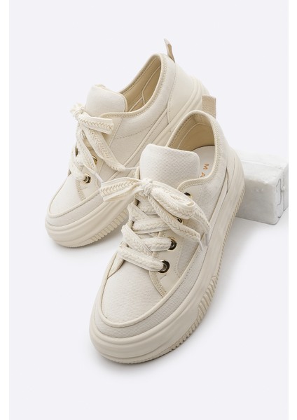 Kadın Yüksek Taban Sneaker Keten Kumaş Bağcıklı Spor Ayakkabı Hesna