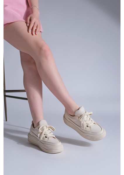 Kadın Yüksek Taban Sneaker Keten Kumaş Bağcıklı Spor Ayakkabı Hesna fiyatları