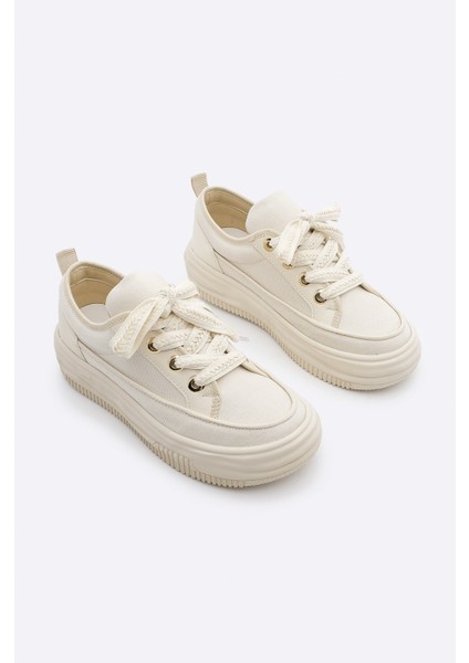 Kadın Yüksek Taban Sneaker Keten Kumaş Bağcıklı Spor Ayakkabı Hesna indirimleri