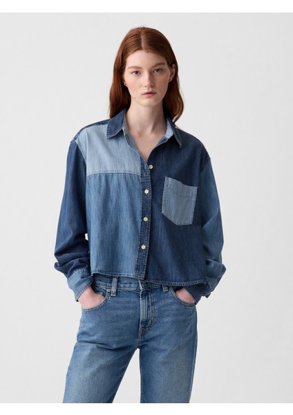 Kadın Mavi Crop Patchwork Denim Gömlek