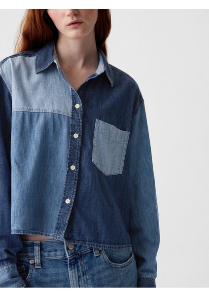 Kadın Mavi Crop Patchwork Denim Gömlek