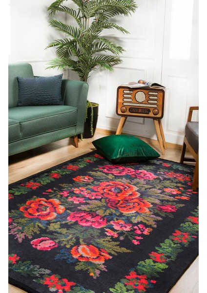 Klasik Siyah Salon&yolluk Dijital Baskılı Makinede Yıkanabilir Kaymaz Taban Saçaklı Halı HK115 fiyatları