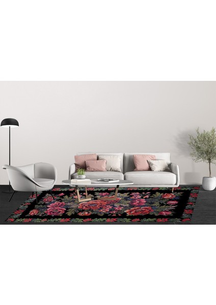 Klasik Siyah Salon&yolluk Dijital Baskılı Makinede Yıkanabilir Kaymaz Taban Saçaklı Halı HK115 fırsatları