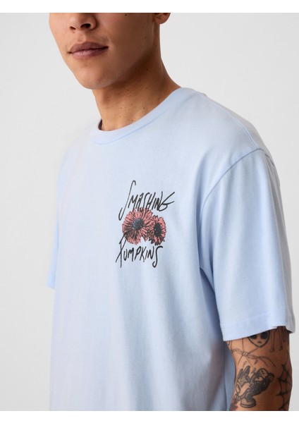 Erkek Mavi Smashing Pumpkins Grafikli T-Shirt