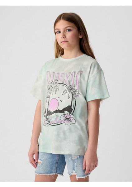 Kız Çocuk Yeşil Batik Desenli T-Shirt