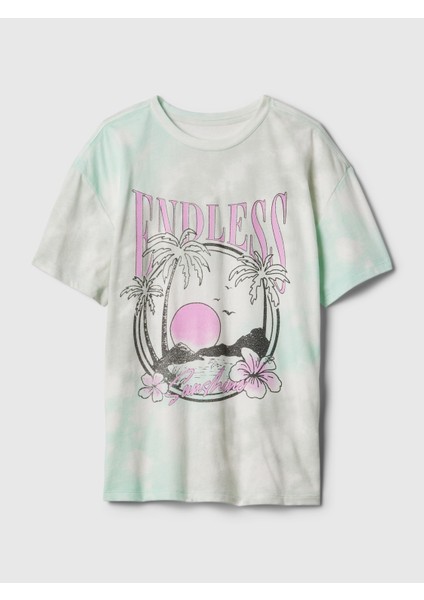 Kız Çocuk Yeşil Batik Desenli T-Shirt